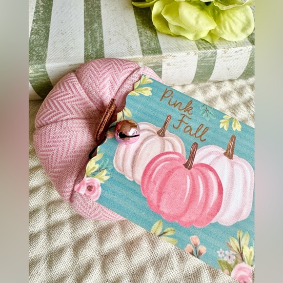 New Halloween Autumn Pink Fall Herringbone Fabric Pumpkin w/ Tag & Bell - 3.25" - Picture 5 of 7